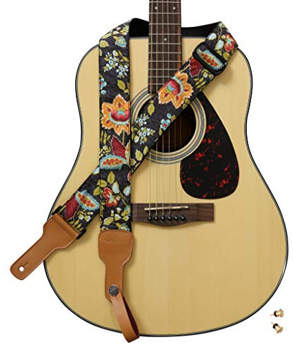 MUSIC FIRST Original Design, 2 inch width (5cm), Vintage French Country StyleFloral Soft Cotton & Genuine Leather Delux Guitar Strap, Ukulele Strap, Mandolin Strap, Banjo Strap
