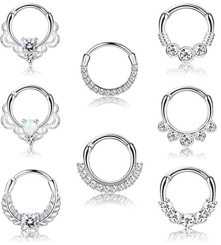 LOYALLOOK 8PCS 16G Septum Clicker Ring Stainless Steel CZ Opal Cartilage Helix Tragus Hoop Daith Earrings Nose Hinged Segment Ring Piercing Jewelry 10MM
