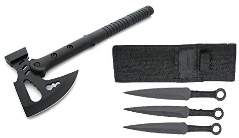 Survival Set Tomahawk + Wurfmesser Expendables Kunai - Throwing Knife - schnelles Werfen Messer schwarz Edelstahl - Trainingsmesser - Gürtelmesser - Hunting Knife - axt mit Holster aus Nylon, schwarz