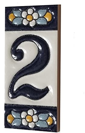 Piastrelle in ceramica con numeri e lettere, motivo floreale blu, dimensioni delle piastrelle: 7,5 cm x 3,5 cm (numero 2)