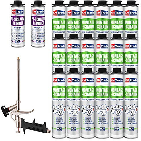 KM Trade Bauschaum-Set - Inkl. 18x 1K Montageschaum (je 750 ml), 1x Schaum-Pistole & 2x PU-Schaum-Reiniger (500 ml)