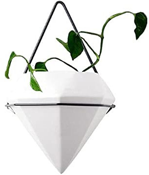 Cratone Wandvase Weiß Diamant Wandvase Keramik Blumentöpfe Hängend mit Metall Bügel Wandmontage Pflanzgefäß Hängeampeln für Garten Büro Innen Außendekoration, 24.5CM (Schwarz)
