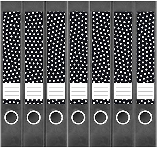 Etiketten für Ordner | Kleine Weiße Punkte auf Schwarz | 7 Aufkleber für schmale Ordnerrücken | Selbstklebende Design Ordneretiketten Rückenschilder