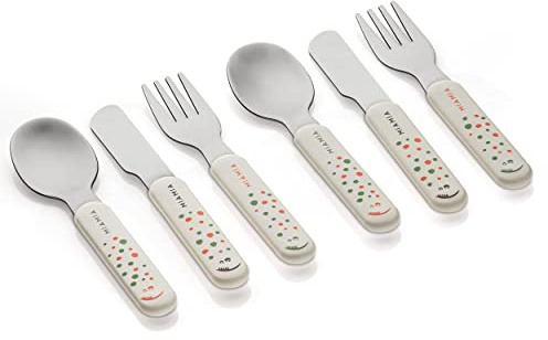 MiaMia Set Cubiertos Bebe - 6 Ud. (2x Tenedor 2x Cuchara 2x Cuchillo) - Mini Cubiertos Infantiles de Acero Inoxidable, Sin Contaminantes, Mangos Gruesos - Crema