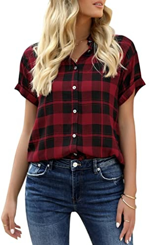 Veatzaer Women's Plaid Short Sleeve Button Down Shirt Casual Summer Blouses Tops Red
