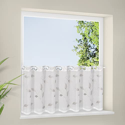 Happy Home Scheibengardine „Silvi“ mit Ösen 150x50 cm – halbtransparente Gardine mit Blättermuster – Voile weiß-grau – Kurzgardine