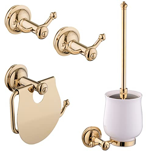 PaulGurkes Accessoire Set Gold WC-Papierhalter Handtuchhaken WC-Bürste Retro Handtuchhalter Klorollenhalter Klobürste Nostalgie Antik Badezimmer Zubehör Halterung für Handtücher Vintage