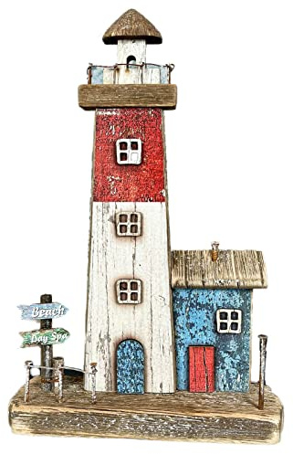 Wooden Coastal Lighthouse Ornament Rustic Nautical Seaside Bathroom Decoration 26cm