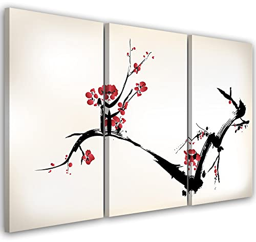 Feeby 3 pièces Impression sur toile 90x60 cm Fleurs écloses Japon Cerisier Tableau Moderne Tableau Photo Chambre à Coucher Peinture Pétales rouges Branche d'arbre beige