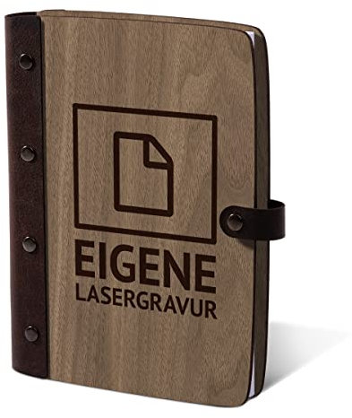 Personalisiertes Rezeptbuch, Kochbuch, Notizbuch Holzcover mit Echtleder Rücken 72 Blatt | 144 Seiten A5 hoch 158x222mm Nussbaum Amerikanisch - Eigene Gravurdatei hochladen