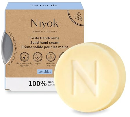 Niyok Feste Handcreme Sensitiv 50 g Naturkosmetik | Parfumfrei, COSMOS NATURAL, für sensible & empfindliche Haut, zieht schnell ein, plastikfrei