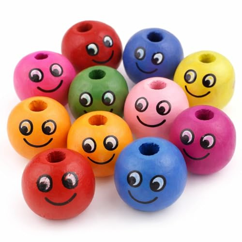 Perlin Holzperlen 14mm Glücklich Gesicht Fädelperlen, Lächeln Holz Perlen Schmuckperlen zum Basteln Auffädeln 3mm Loch 60 Stück Bunt Gemischt Rund