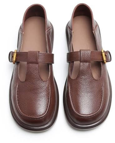 Mary Jane - Scarpe basse da donna, in morbida pelle, con cinturino a T, Marrone, 38 EU