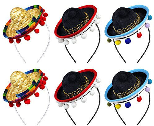 Yzpacc Set von 6 Cinco de Mayo Stroh Sombrero Stirnband Stoff Partyhüte mit Ball Fransen Dekoration für Fiesta Hut Partyzubehör, Dia de Muertos, mexikanische Themen Dekorationen Partyzubehör