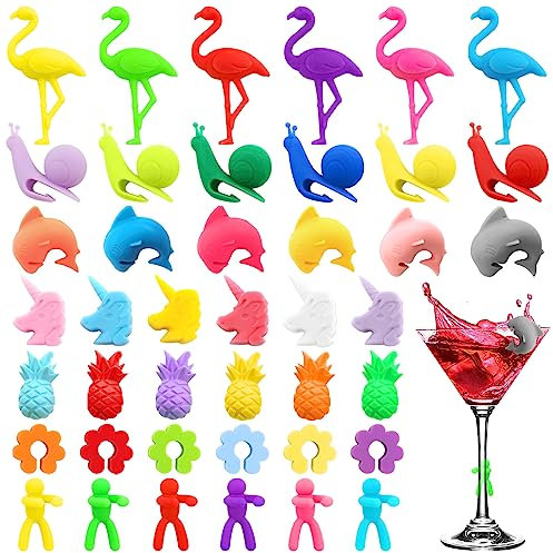 Lets Joy Segna Bicchieri Calici, 42 Pezzi Segnabicchiere in Silicone, Segnabicchieri Colorati, Segna Bicchiere Riutilizzabili Segnabicchieri, Marcatori per Bevande Marcatori, Feste Bar (A)