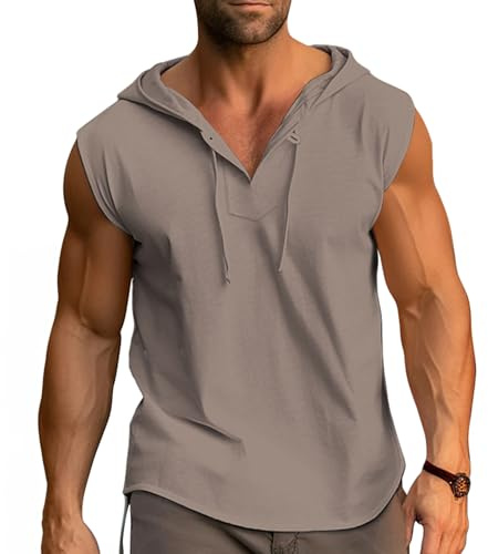 Cooleep Debardeur Homme Coton Musculation Tank Top Sport Tee Shirt sans Manche Débardeur à Capuche Fitness Gris 3XL