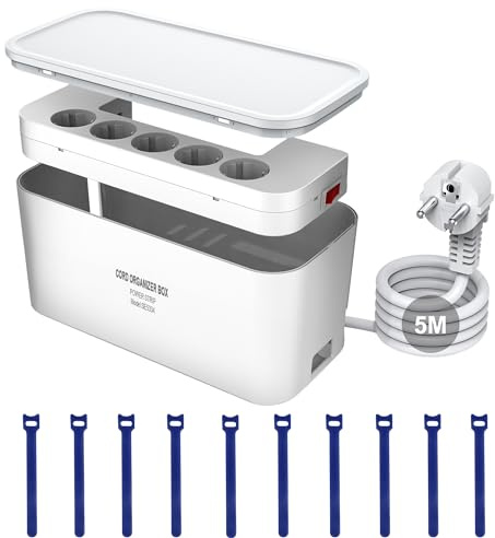 Kabelbox mit Steckdosenleiste USB C Überspannungsschutz 5-Fach Mehrfachsteckdose mit 3 USB Ladeanschlüsse, Kabel Organizer Box Steckdosenadapter, 29,5 x 14 x 14 cm, 5m Kabel, Weiß