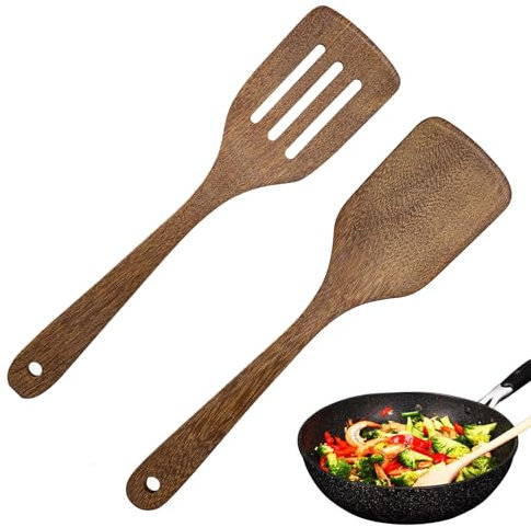 Spatules en Bois Massif, 2PCS Spatules en Bois pour Poêle, Ustensiles de Cuisine en Bois Anti Rayures Set