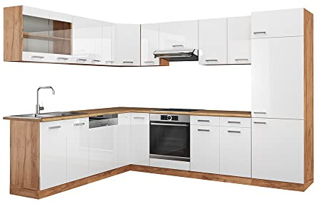 Vicco Eckküche R-Line, Weiß Hochglanz/Goldkraft Eiche, 287 x 227 cm, AP Eiche, für Flexible Küchenplanung und individuelle Modulanordnung