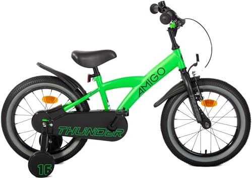 AMIGO Thunder - Kinderfahrrad Jungen - 16 Zoll - Mit Rucktrittbremse und V-Brake und Stützräder - ab 4-6 Jahr - Grün/Schwarz