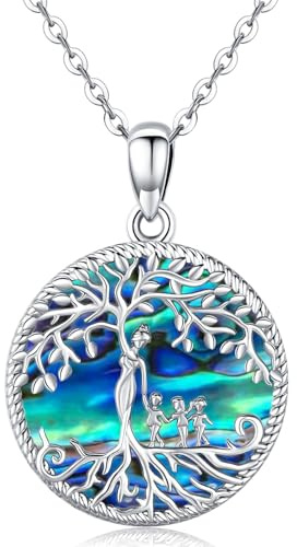 Friggem Collana con Ciondolo Madre e Figlio in Argento 925, Collana da Donna con Albero della Vita con Conchiglia di Abalone Regali di Gioielli per la Festa della Mamma per Mamma Figlia Sorella