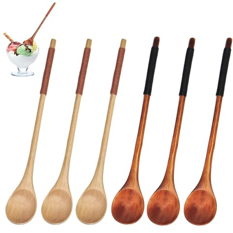 Cuillère en bois naturel, cuillère à café multifonctionnelle à manche long pour thé cuillère à soupe au miel accessoires de cuisine (6)