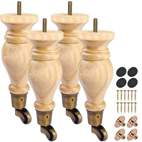 LAVANE 22cm Massivholz Möbelfüße mit Lenkrollen M8 Bolzen 4 Stück Holzfarbe | Einfaches Bewegen Reinigung & Belüftung, DIY für Sofa Schrank Sessel Ottomane Liegestuhl, 200+kg Belastbarkeit, inkl Hardware