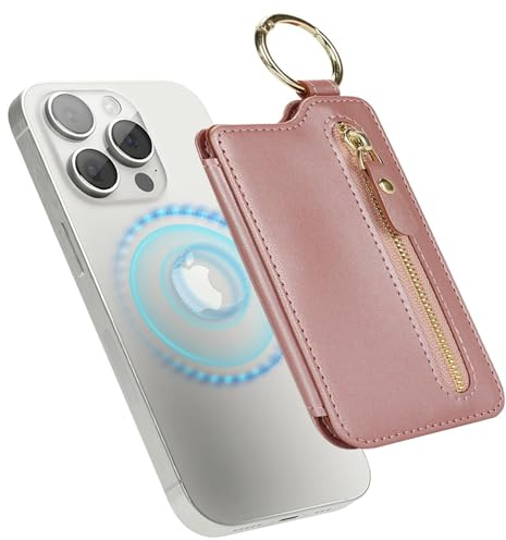 Zouzt für MagSafe Wallet, Magnetischer Handy Kartenhalter Reißverschluss, Zipper Wallet mit verstellbarem Ständer, Ring Schlüsselanhänger for iPhone 16 Pro Max/16e/16/15/14/13/12, Rosa