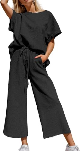 BUNSLOOM Zweiteiler Damen Texturiert Sweatsuit Rundhals Top Wide Leg Hose | Damen 2 Teilig Outfits, strukturierter Zweiteiler Rundhals Top, weite Hose mit Kordelzug, lässiger Look für Freizeit Lounge