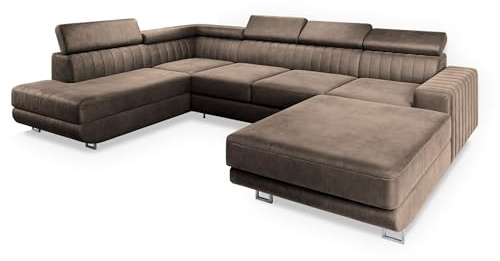 Masseno Canapé d'angle Siena L-S avec Fonction Couchage Forme en U, Classique, avec Coffre de Rangement, Ensemble canapé de Salon - Beige