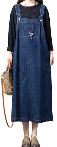 LIUYUYOUGO Sommarklänning dam jeansoveraller klänning lång ficka skarvad jeans overaller åldrade lediga sommar overaller ärmlös linne midikjol, Färg: blå, M