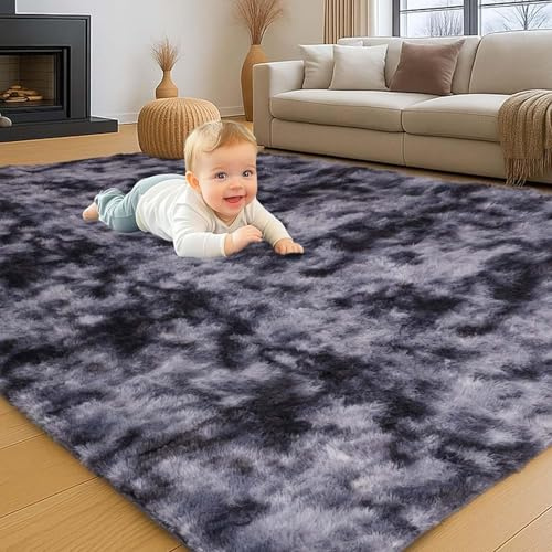 INSPIRE HOMEWARE Bedside Tie Dye Grey Rug Bedroom 80x150 cm Soft Fluffy Plush Rugs for Living Room - Modern High Pile Carpet for Hallway Rugs for Dining Room Non Shedding Carpets for Nursery