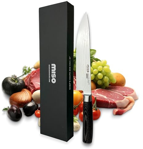Miso Cookware Damast Kochmesser 20 cm (AUS-10, 67 Lagen) – Scharfes Profi Küchenmesser (60 HRC) mit Pakkawood-Griff, ideal als Fleischmesser & Allzweckmesser