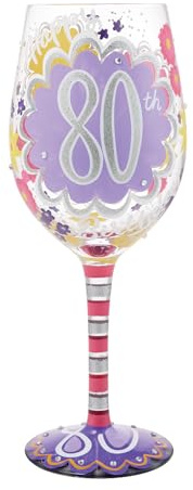Enesco Lolita Happy 80th Birthday - Copa de vino artesanal pintada a mano, 15 onzas, multicolor