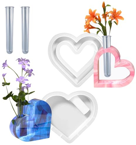 Silikonform Herz Vase, 2 Stück Silikonformen Gießformen Epoxidharz Formen Gießform mit 2 Reagenzgläsern Silikon Formen zum Gießen für Reagenzglas Vase DIY Handwerk