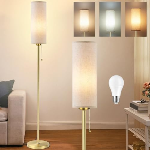 Seruno X Floor Lamp Linen Standing Lamp with 3 Color Temperatures, 9W Led Bulb Included, Modern Gold Pole Standard Corner Lamp with Pull Chain Switch and Lampshade for Living Room Bedroom Office
