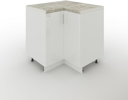 JD Greta Adjustable Kitchen Corner Base Unit - 900mm - Corner Base Cabinet with Doors & Worktop - White Gloss