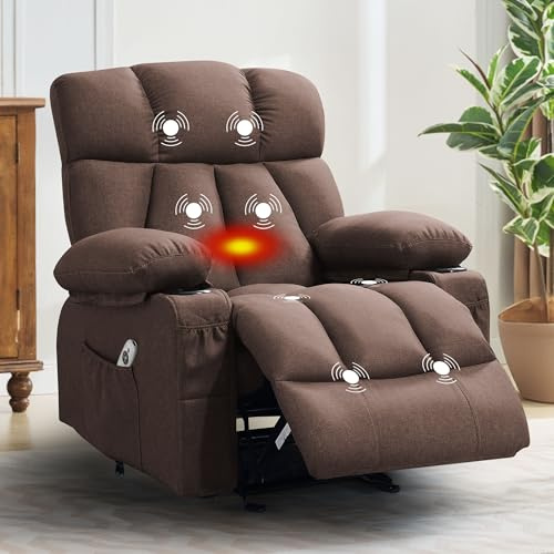 Bosmiller Elektrisch Relaxsessel mit Liegefunktion, Fernsehsessel mit Wärmefunktion, 2 Seitentaschen Getränkehalter, Aus Stoff TV-Sessel mit 360°-Drehung für Wohnzimmer, Braun
