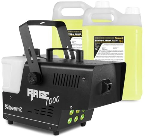 BeamZ RAGE1000LED Nebelmaschine mit Flüssigkeit, 1000 Watt Fogger inkl. 10L Nebelfluid, DMX Rauchmaschine mit Lichteffekt, Intervall Fog Machine, Funkfernbedienung, 2 Liter Tank, Timer, Partyrauch