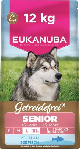 Eukanuba Croquettes Premium sans Céréales Chien Sénior de Grande Race– Riche en Poisson de l’Océan - Hypoallergénique – Glucosamine Chondroïtine-12 kg