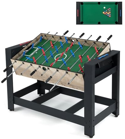 COSTWAY 2 en 1 Table de Baby-Foot Pivotante avec 26 Joueurs & Queues & Balles, Billard avec Pieds Réglables & Marqueur, Table Multijeux pour 2-4 Adultes Enfants de 6 Ans+
