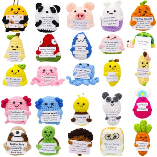 KisSealed Mini Crochet Gift Set,25 Pcs Positive Crochet Animals Bulk,Emotional Support Doll with Positive Card Cute Funny Handmade Crochet Birthday for Friends Women Men Party Room Decoration