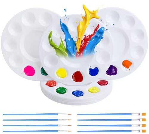 XRVRILE 8 stycken blandade paletter, plastpallar runda 15,8 cm, målarpalett akvarell, blandad palett akrylfärger oljefärger med åtta borstar för akvarell målning konst målning, hantverk vit