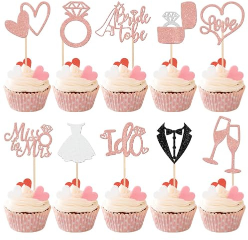 Glitterset för bröllop och cupcake, 20 stycken glitter, tårtdekoration med 10 mönster, Bride to Be, I Do, Love, diamantring, champagneglasmotiv för brudfest, förlovning (roséguld)