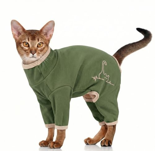 Kattrock, fleecetröja, kattdräkt, postkirurgi, väst, kroppsdräkt med ben, onesie efter operation (armégrön, M)