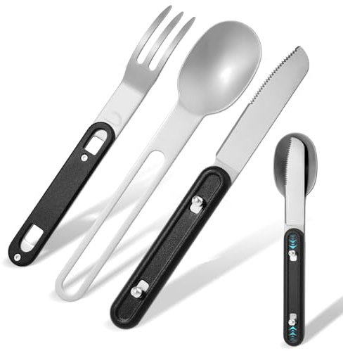 DRACHENADER Cubertería de camping de 3 piezas – resistente acero inoxidable 420 C – tenedor, cuchara y cuchillo de pan 3 en 1, desmontables rápidamente, ideal para camping y exteriores