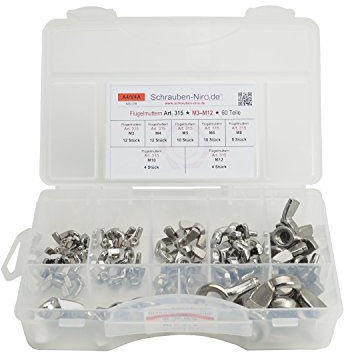 Sortiment Edelstahl A4 Flügelmuttern ähnlich DIN 315, M3 bis M12, 60 Teile, Material: V4A VA