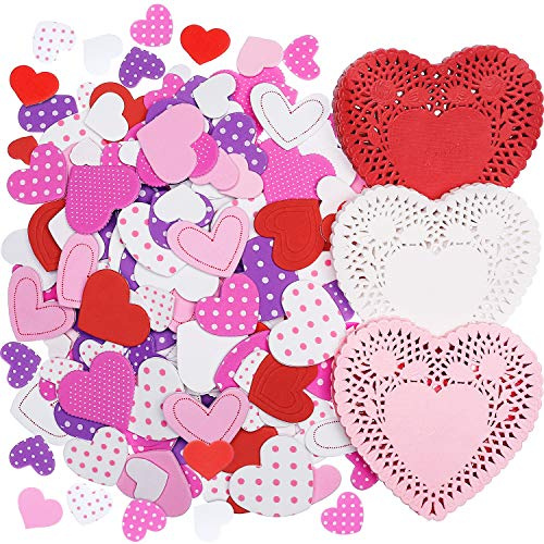 Hotop 300 Pieces 4 Inch Valentine's Heart Doilies and 500 Pieces Foam Heart Stickers Valentines Craft Set for Romantic Wedding Decor DIY Craft Supplies(Classic Style)