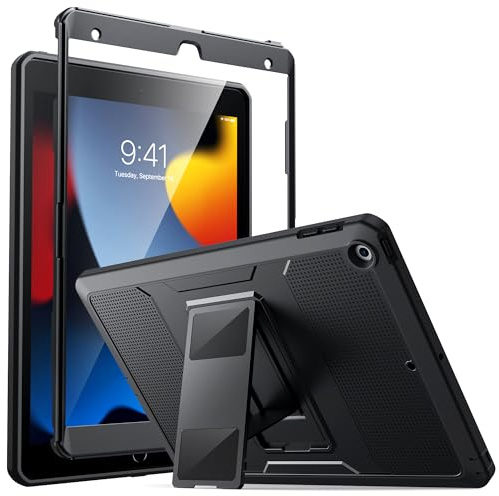 MoKo Stoßfest Hülle für iPad 9./8./7. Generation 2021/2020/2019, Schwarz | Heavy Duty Ganzkörper-Rugged Hybrid Schutzhülle Cover Stand mit integriertem Displayschutz iPad 10.2''