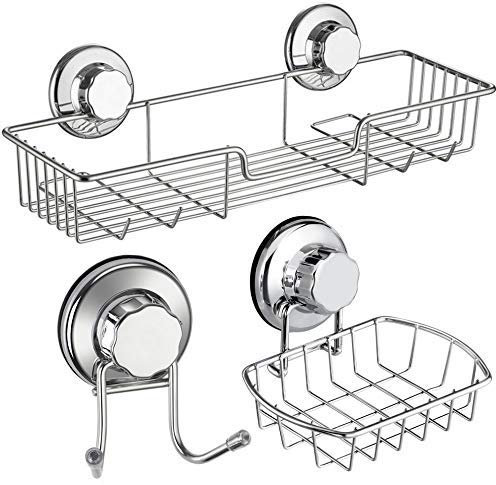 iPEGTOP Bathroom Shower Caddy Basket, Shower Shelf & Soap Dish Holder & Bath Hanging Hook Set for Shower Organizer Storage, Rustproof Stainless Steel, No Drilling Suction Cup - 3 Pack